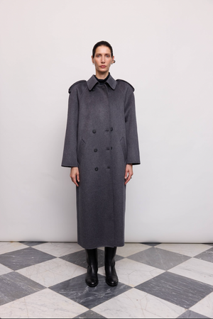 Пальто синьо-сіре у стилі тренчу