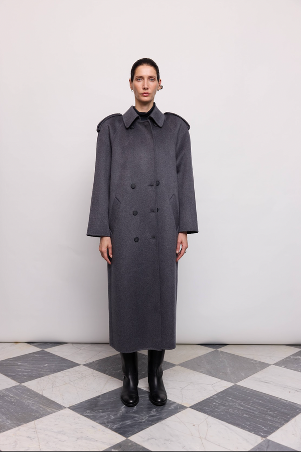 Пальто синьо-сіре у стилі тренчу