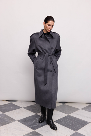Пальто синьо-сіре у стилі тренчу