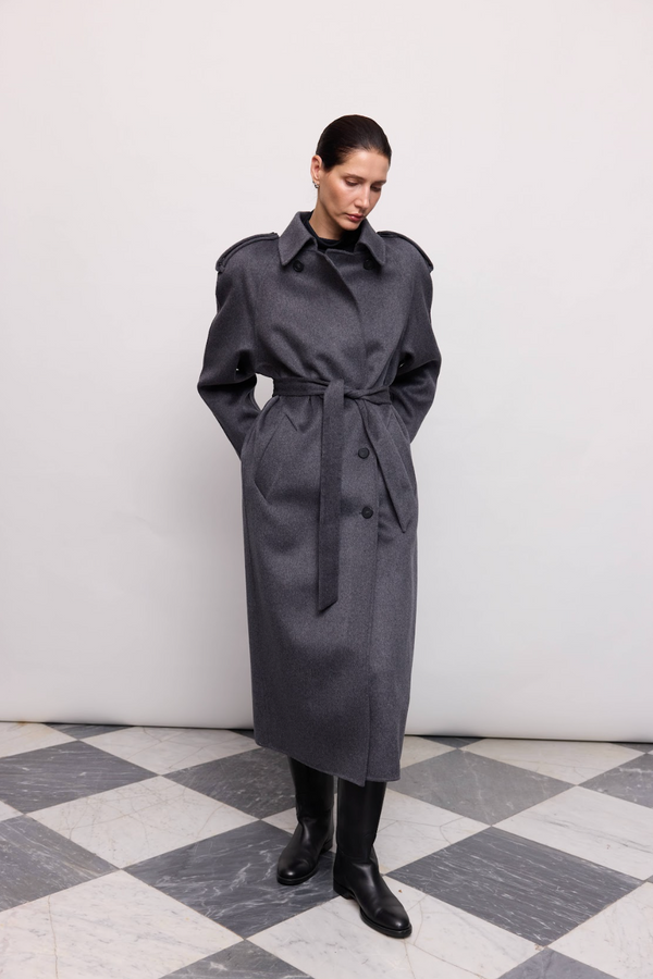 Пальто синьо-сіре у стилі тренчу