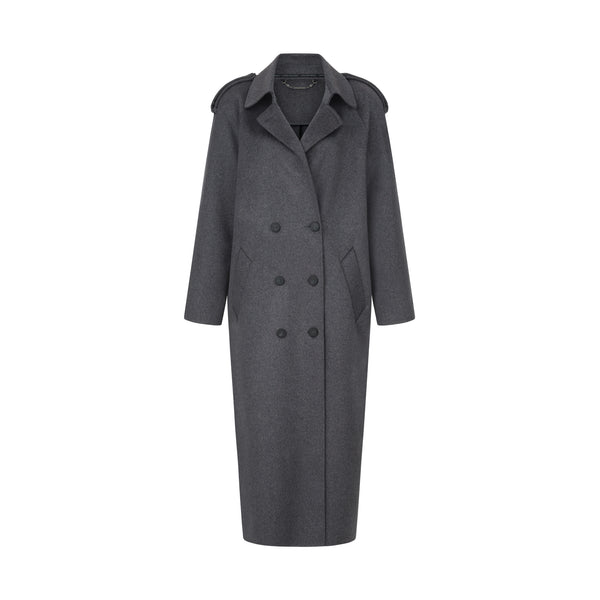 Пальто синьо-сіре у стилі тренчу