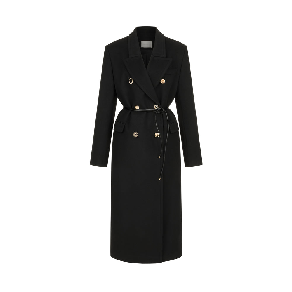 Black coat with various gold buttons