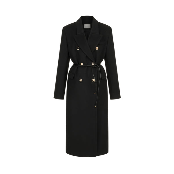 Black coat with various gold buttons