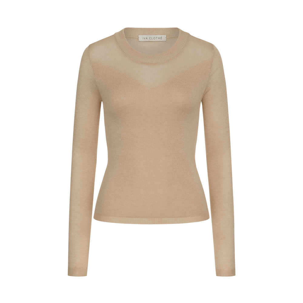BEIGE LONG SLEEVE SUPERFINE YARN V NECK 