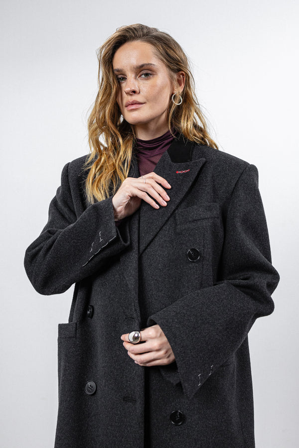 Dark gray coat with black suede collar