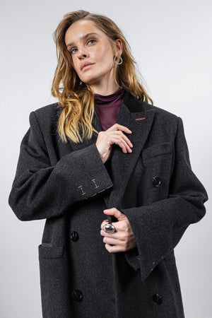 Dark gray coat with black suede collar