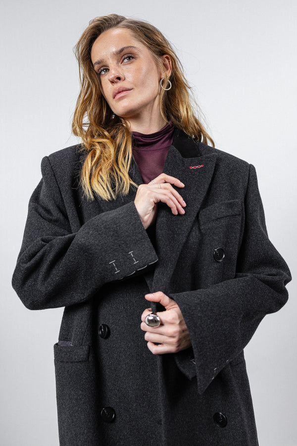 Dark gray coat with black suede collar