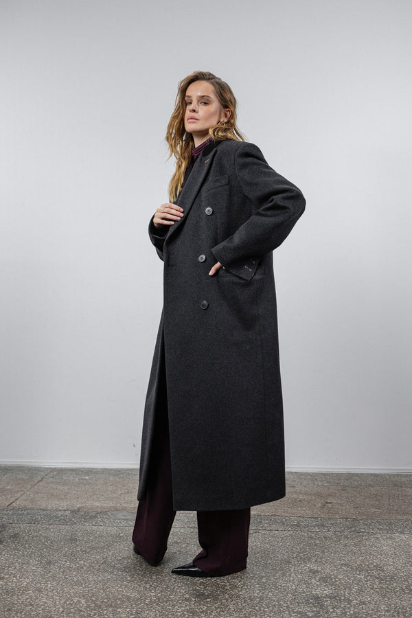 Dark gray coat with black suede collar