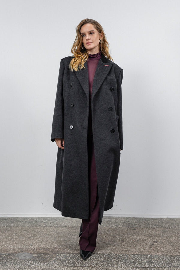 Dark gray coat with black suede collar