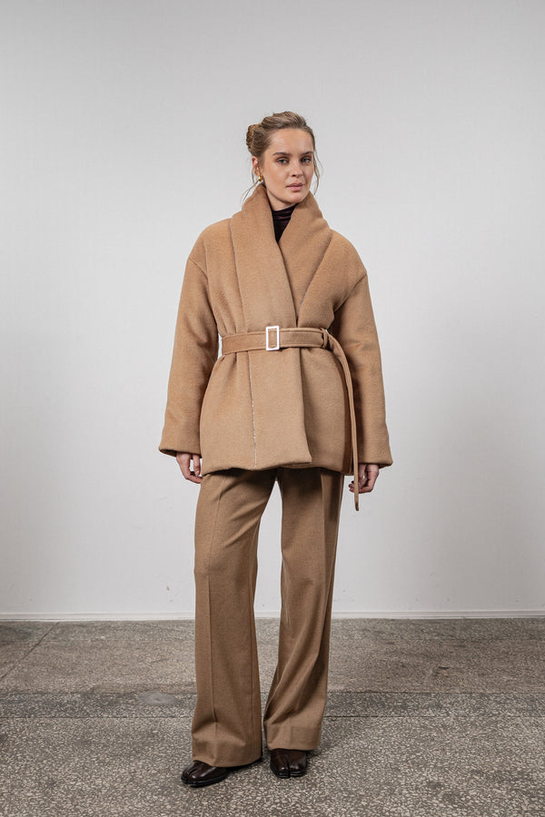 Cashmere down jacket with belt