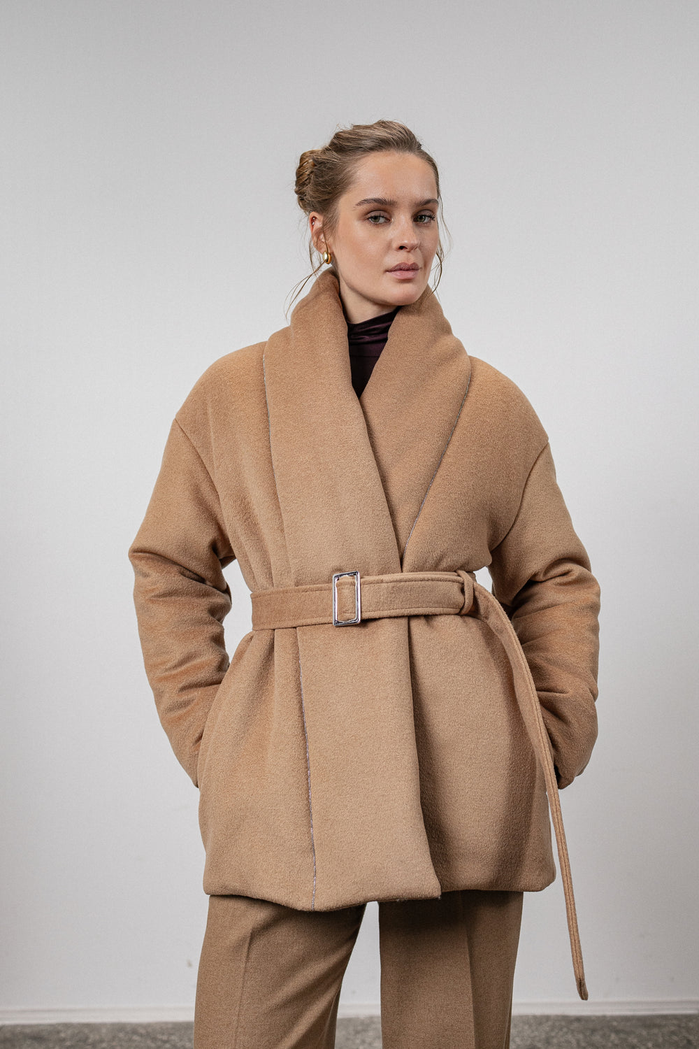 Cashmere down jacket with belt