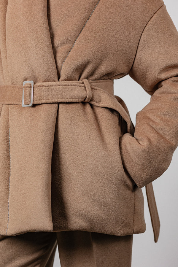 Cashmere down jacket with belt