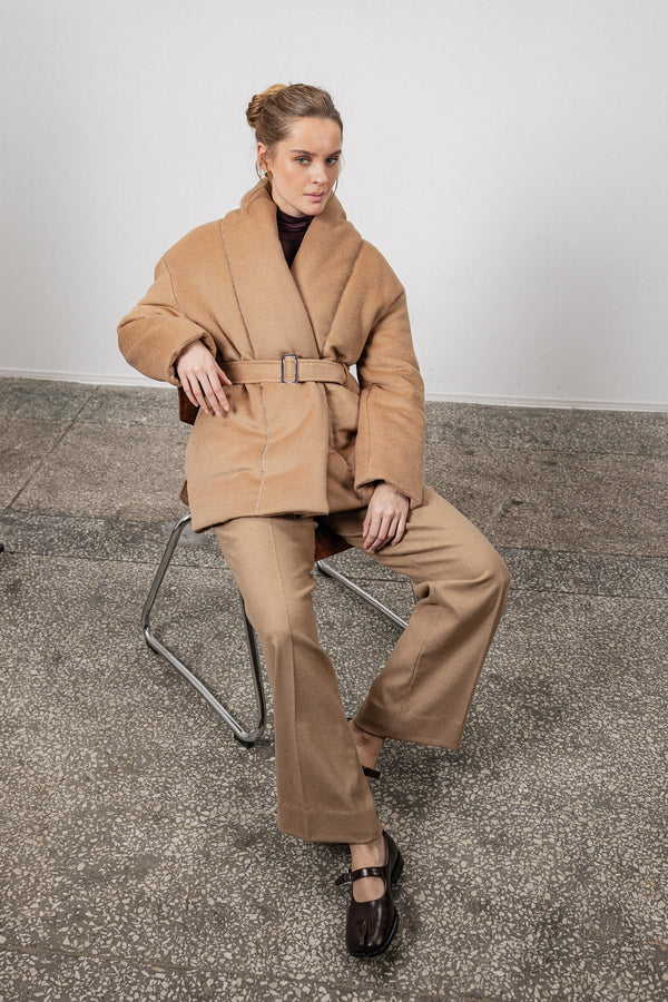 Cashmere down jacket with belt