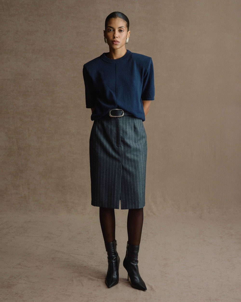 GREY WOOL STRIPE SKIRT