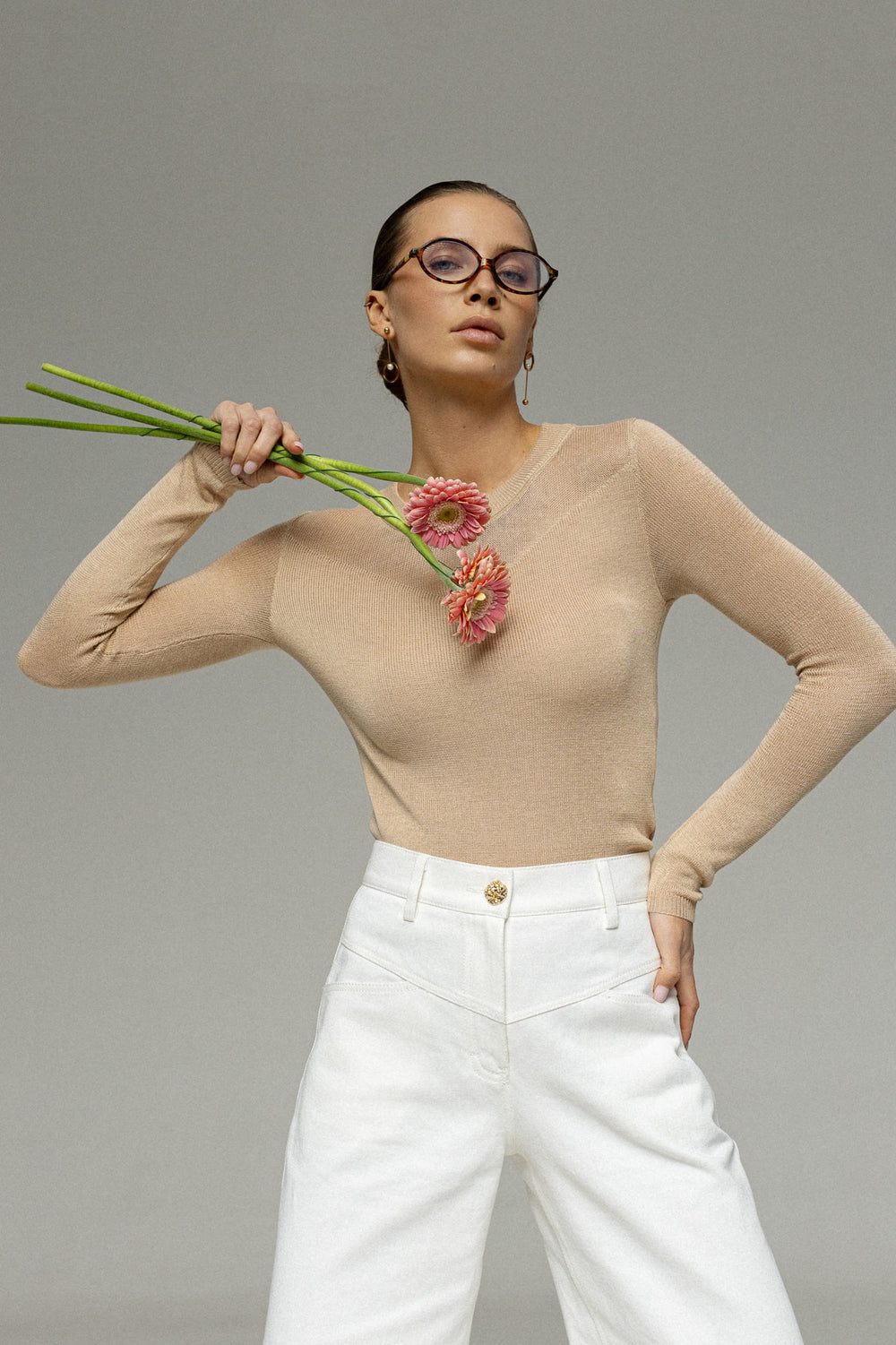 BEIGE LONG SLEEVE SUPERFINE YARN V NECK 